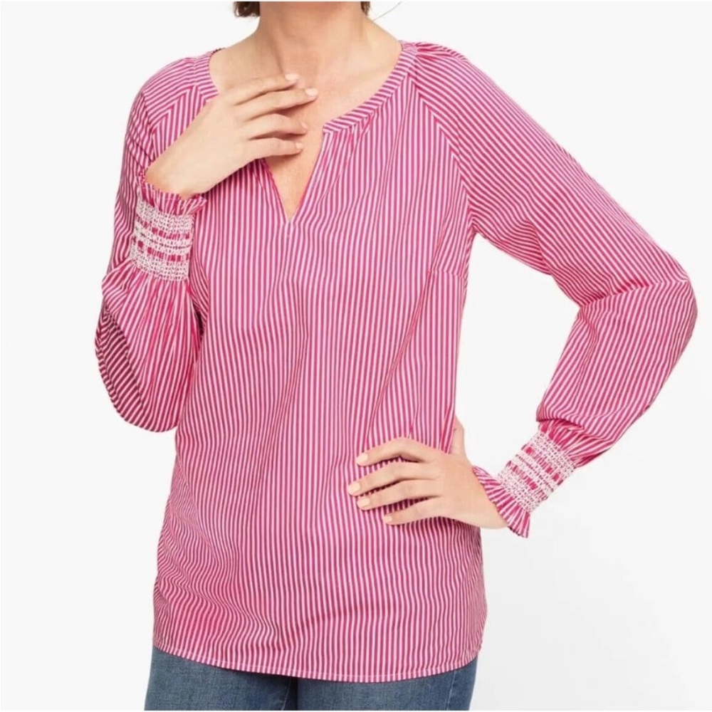 Talbots Bright Pink Striped Top with Smocked Cuffs size large